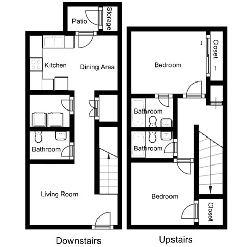 Floor plan for 2 beds, 2 baths, 942 sqft